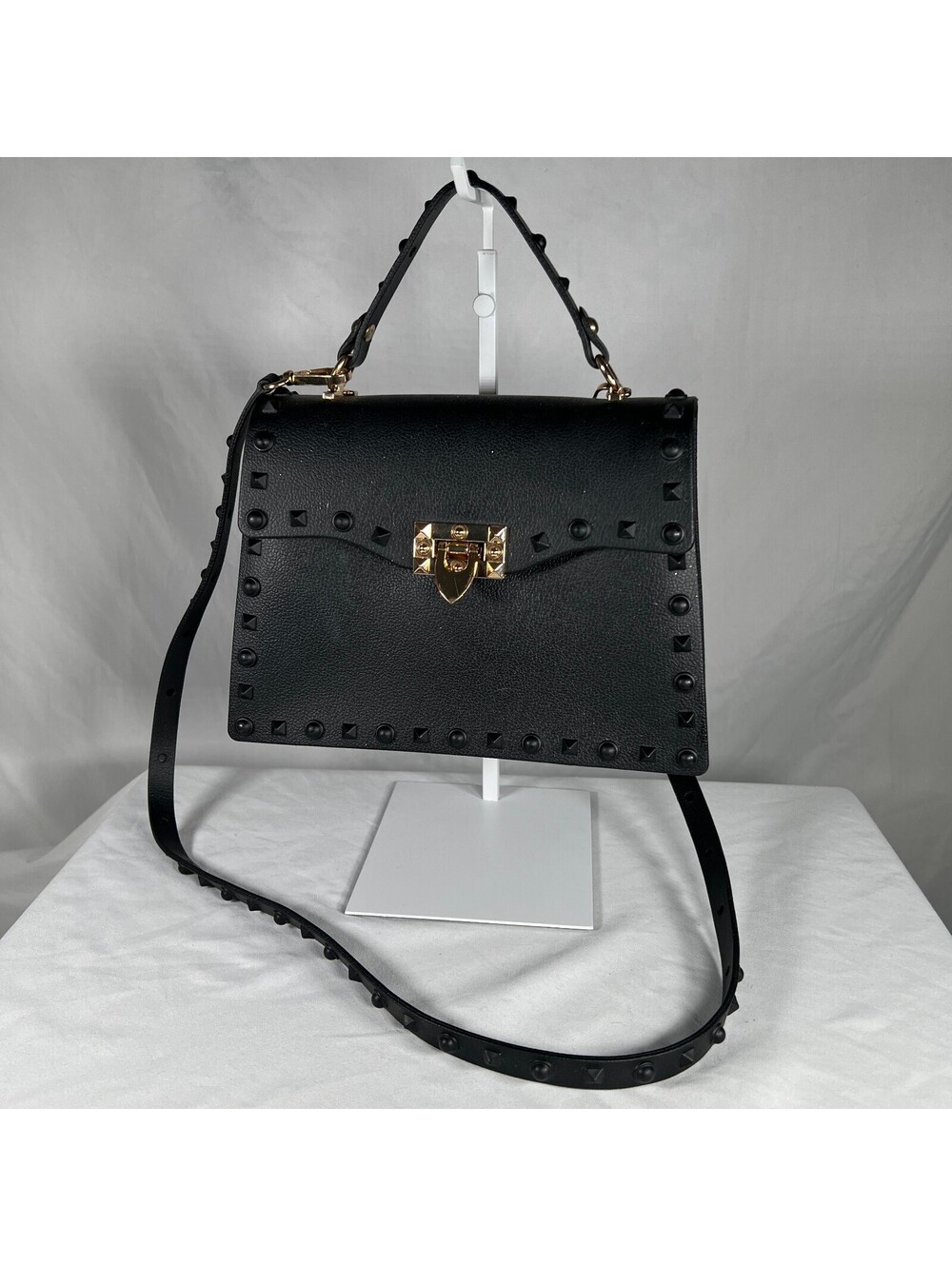 Black Studded Structured Satchel Crossbody Bag Gold Turn Lock Top Handle